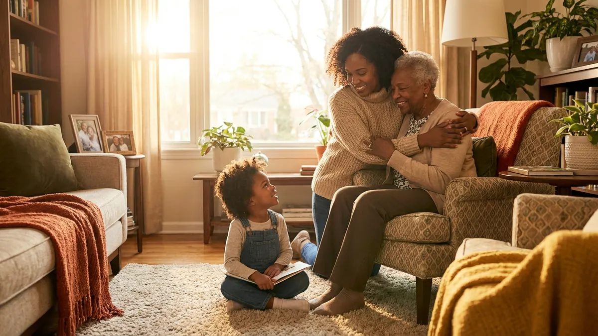 African American mother embracing grandmother while child sits on floor, warm golden light