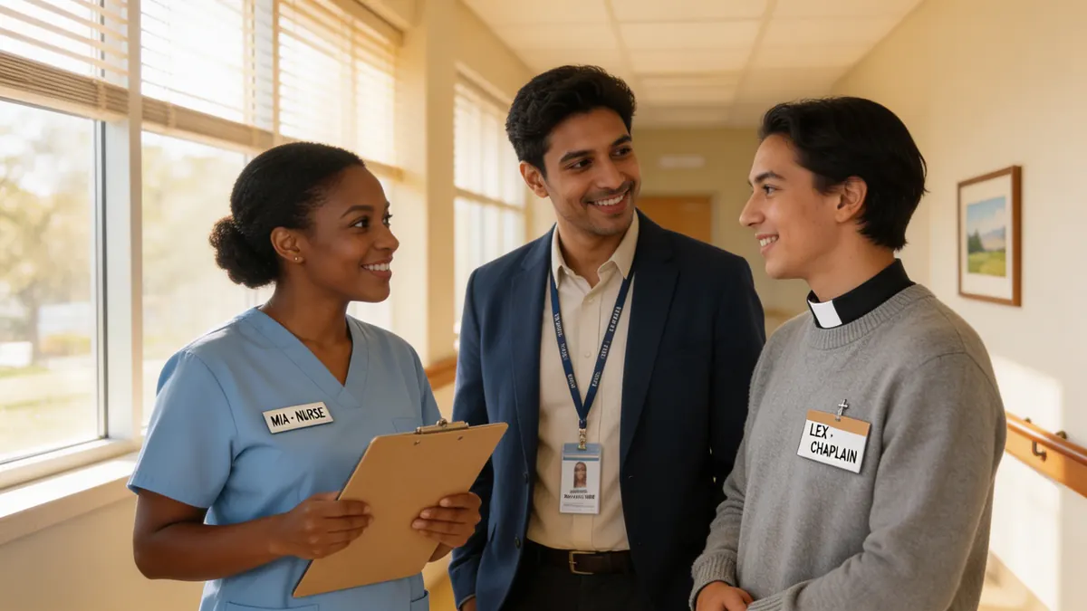 Diverse hospice care team — nurse, social worker, chaplain — in bright hallway conversation