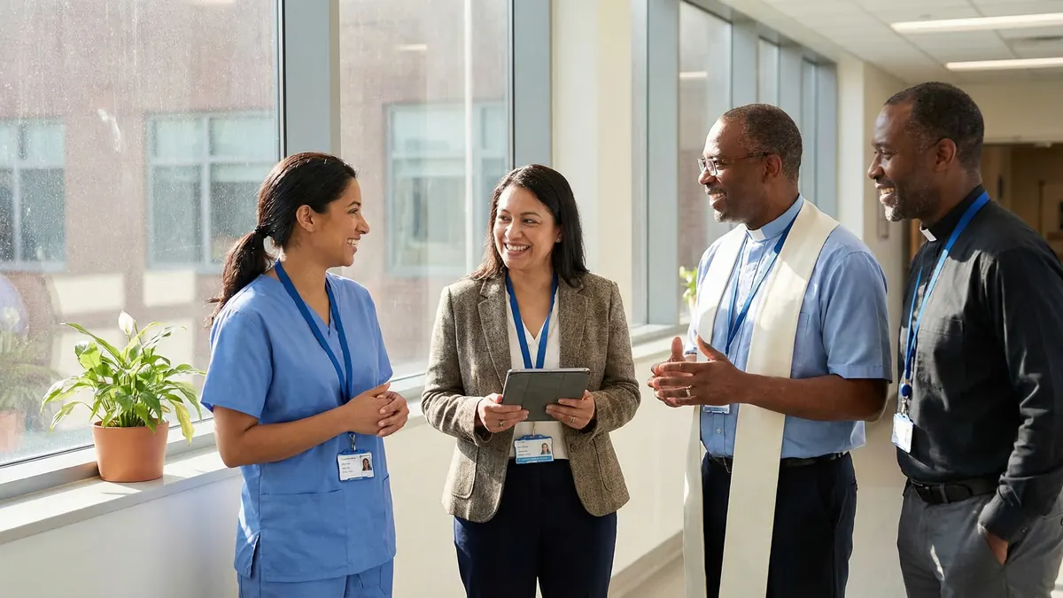 Diverse hospice care team — nurse, social worker, chaplain — in bright hallway conversation
