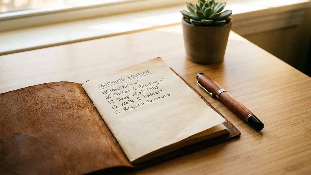 Open leather journal with handwritten checklist, quality pen, succulent plant, warm sunlight