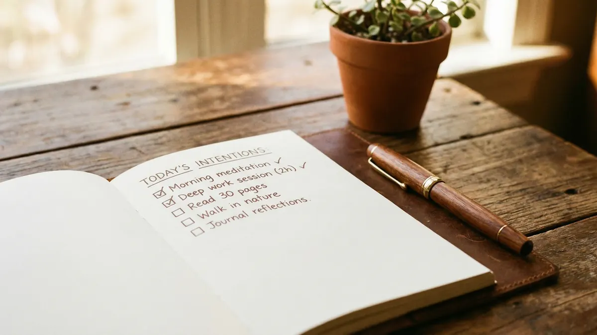 Open leather journal with handwritten checklist, quality pen, succulent plant, warm sunlight