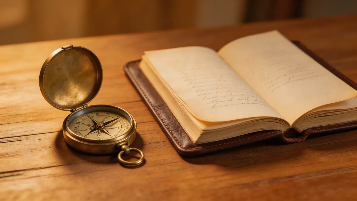 Vintage brass compass resting on open handwritten journal, warm side lighting