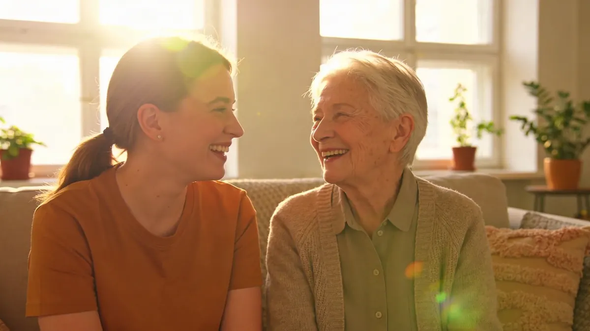 Young woman and elderly mother sharing warm moment on couch, lens flare from window