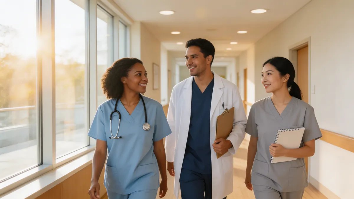 Diverse medical team walking together down bright hallway, warm lens flare, collaborative