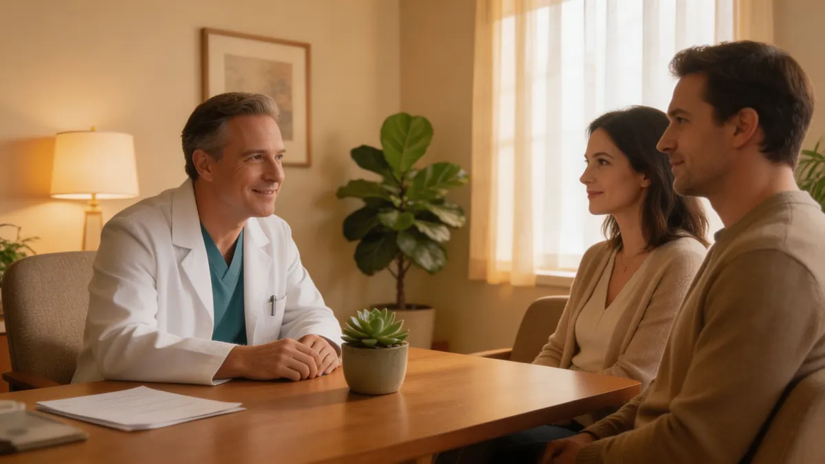 Kind professional meeting with elderly couple in comfortable office, warm lighting, unhurried