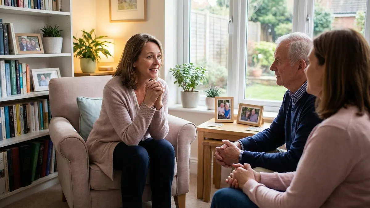 Kind professional meeting with elderly couple in comfortable office, warm lighting, unhurried