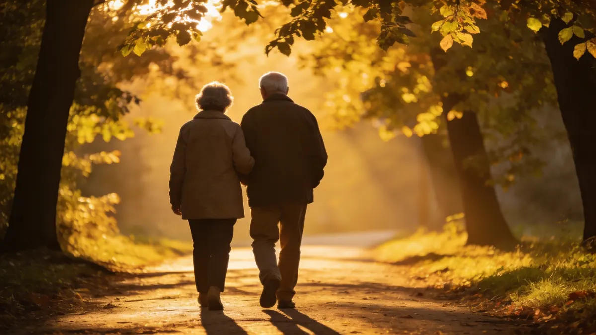 Elderly couple holding hands walking on autumn path, warm lens flare, from behind