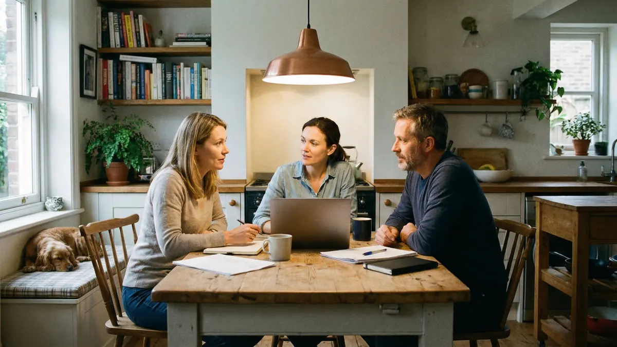 Family members gathered at kitchen table with laptop and papers, thoughtful discussion
