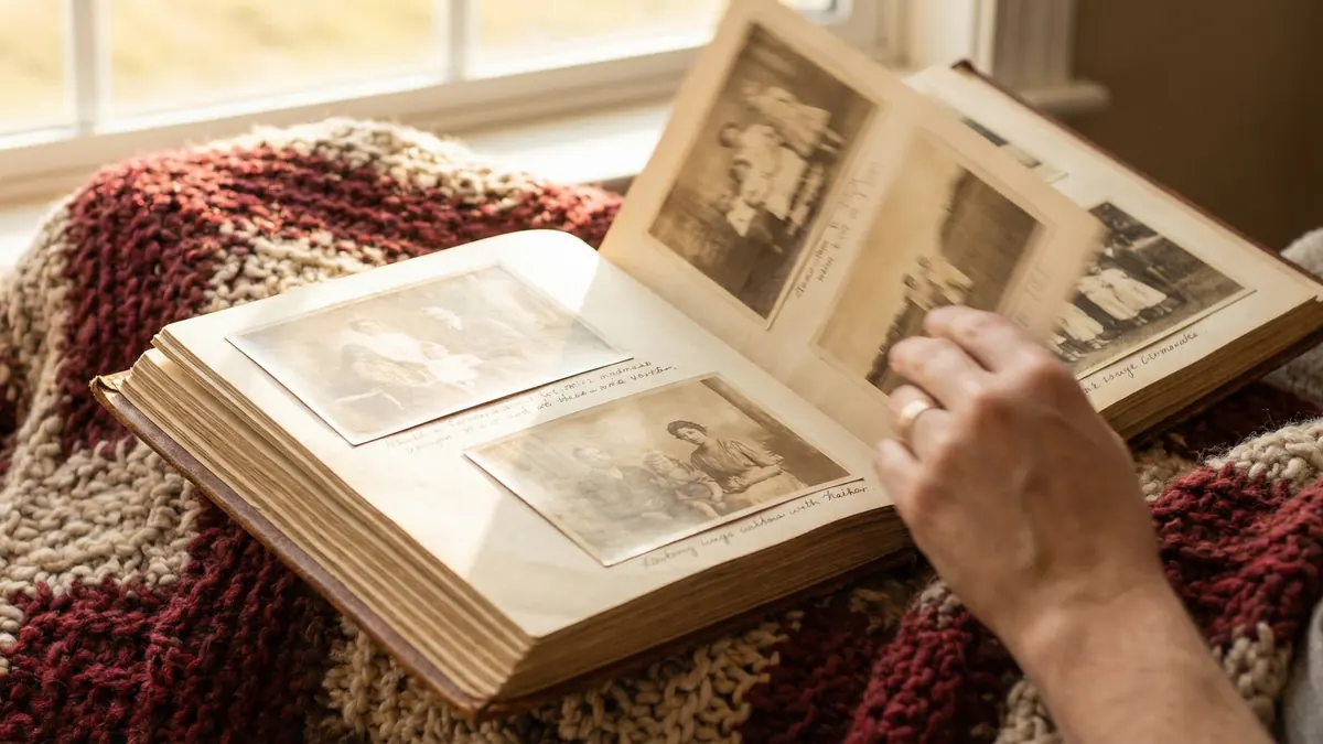 Hand turning pages of vintage family photo album on cozy lap blanket, warm light