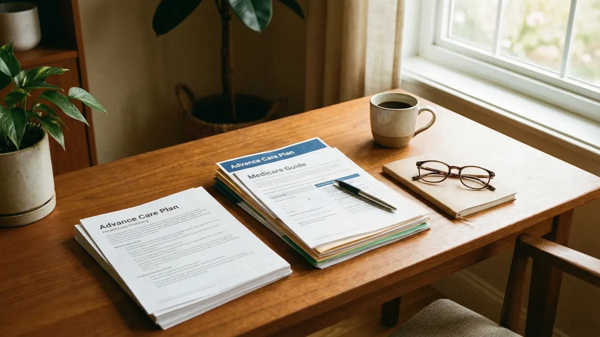 Healthcare planning documents on neat wooden desk with glasses, pen, and coffee, warm light