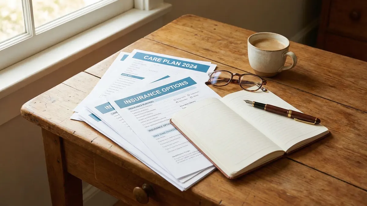 Healthcare planning documents on neat wooden desk with glasses, pen, and coffee, warm light