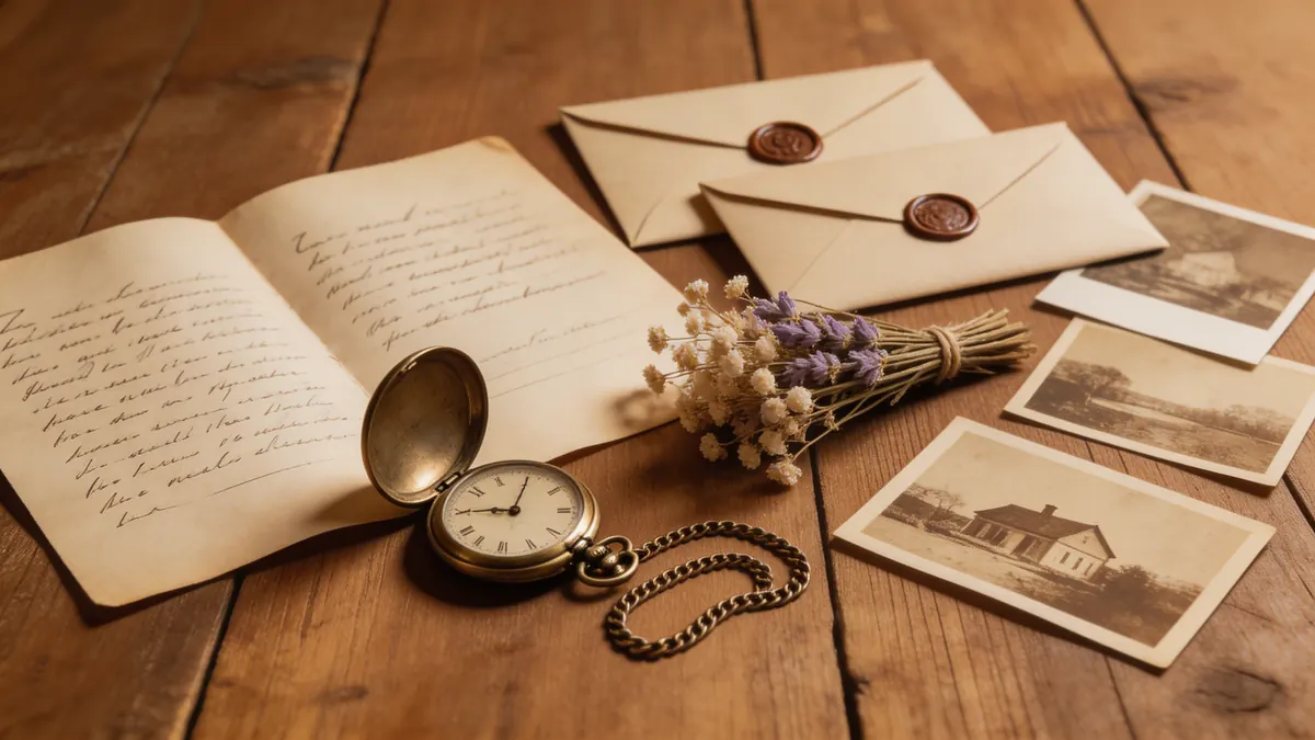 Collection of handwritten letters, pocket watch, dried flowers, old photographs on wood