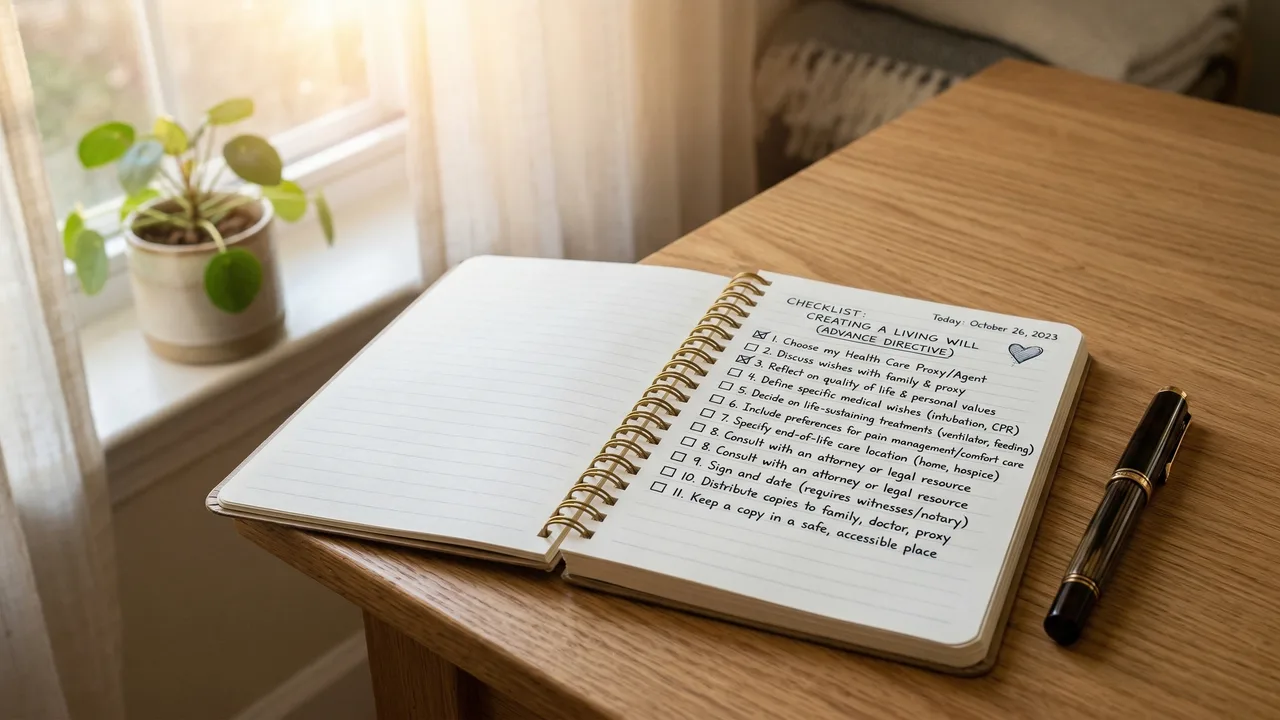 Spiral notebook with advance directive and living will creation checklist, pen and plant on desk in natural light