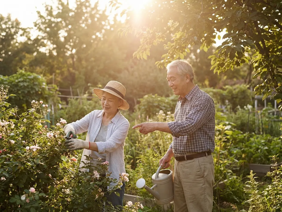 Elderly Asian couple tending garden together, golden hour with lens flare, peaceful