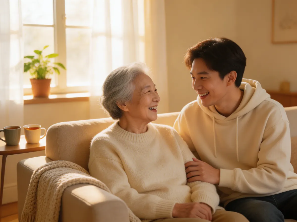 Asian grandmother and young grandson laughing together on couch, warm sunlit room