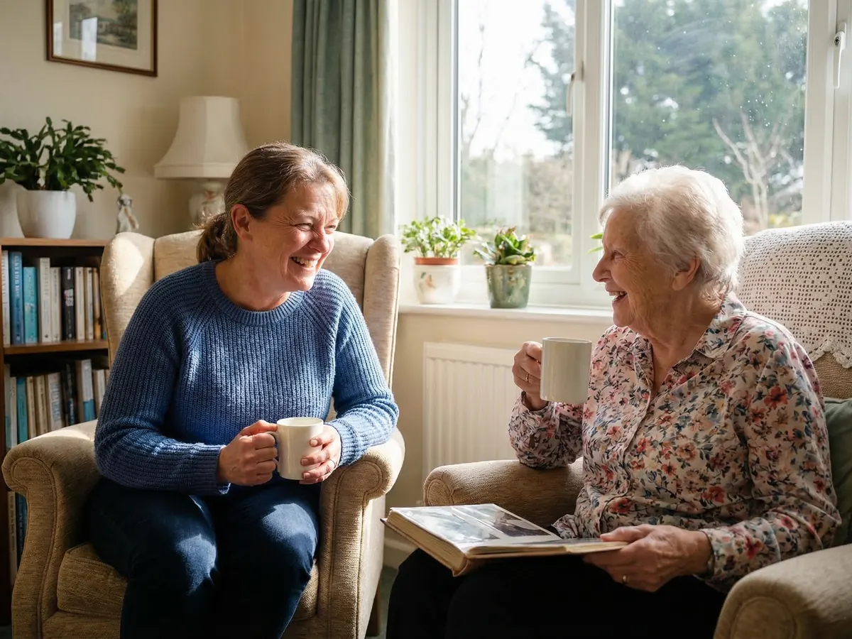 Asian grandmother and young grandson laughing together on couch, warm sunlit room