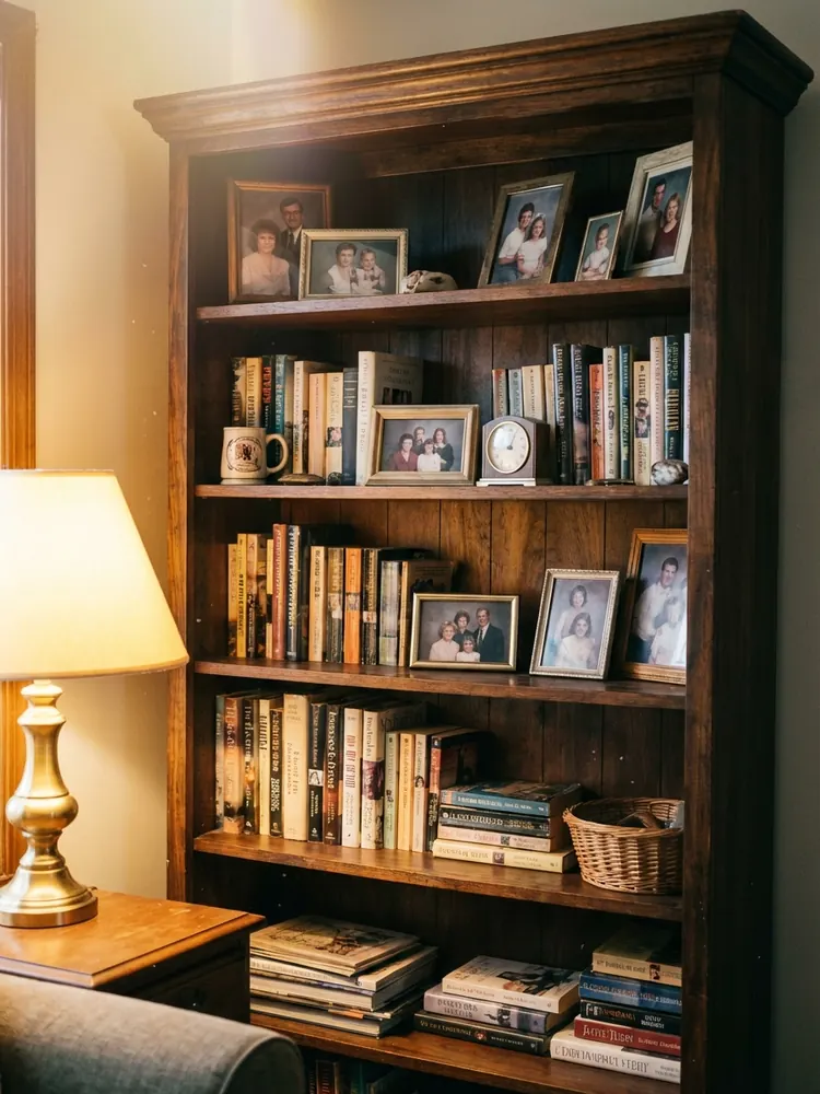 Warm bookshelf filled with books, family photos in frames, keepsakes, golden light