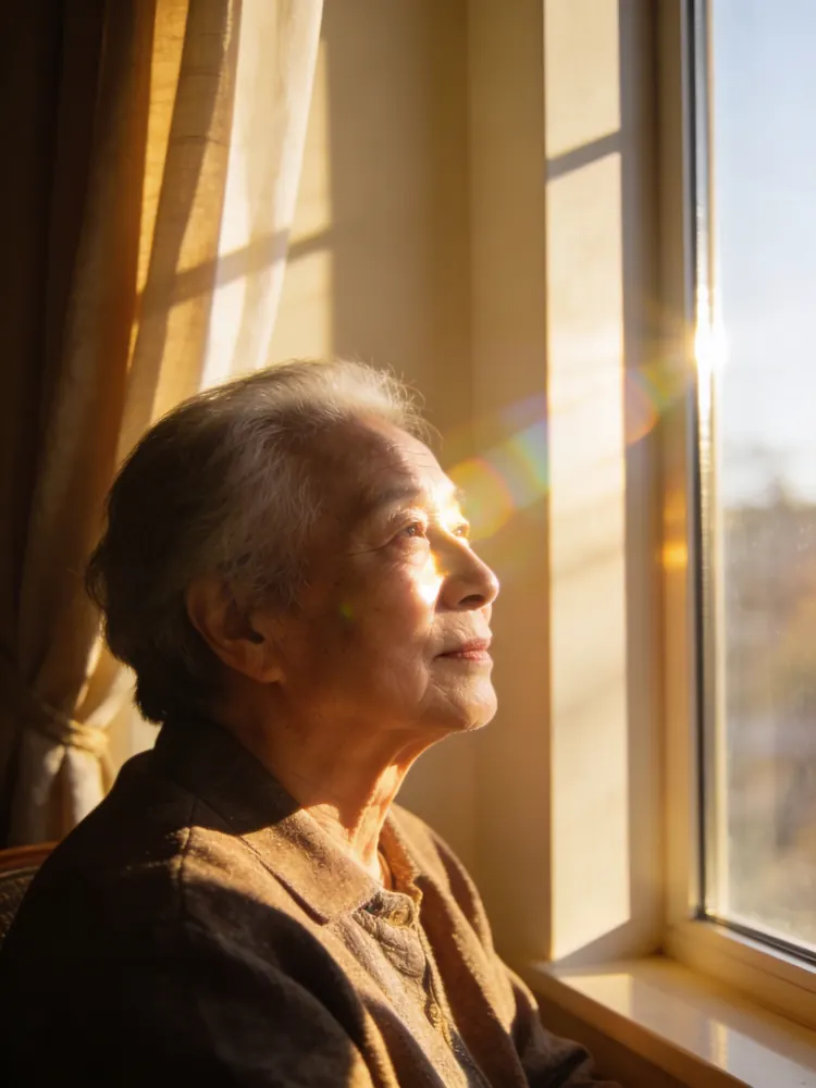 Elderly woman sitting by window gazing outside peacefully, golden sunlight on face