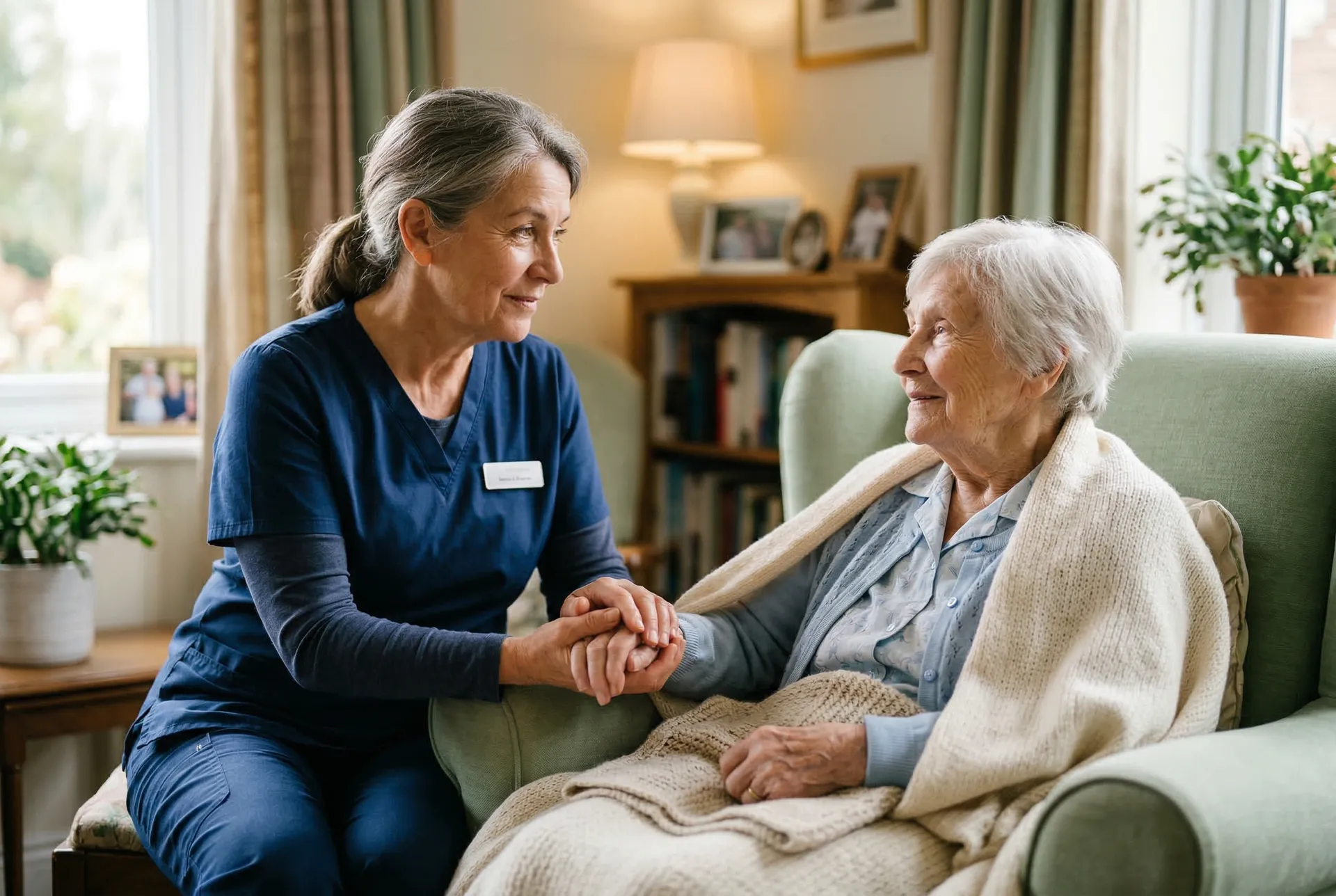 Compassionate hospice nurse holding hands with elderly patient in a warm home setting